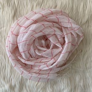 Striped Scarf with Fringe, White + Pink, OS